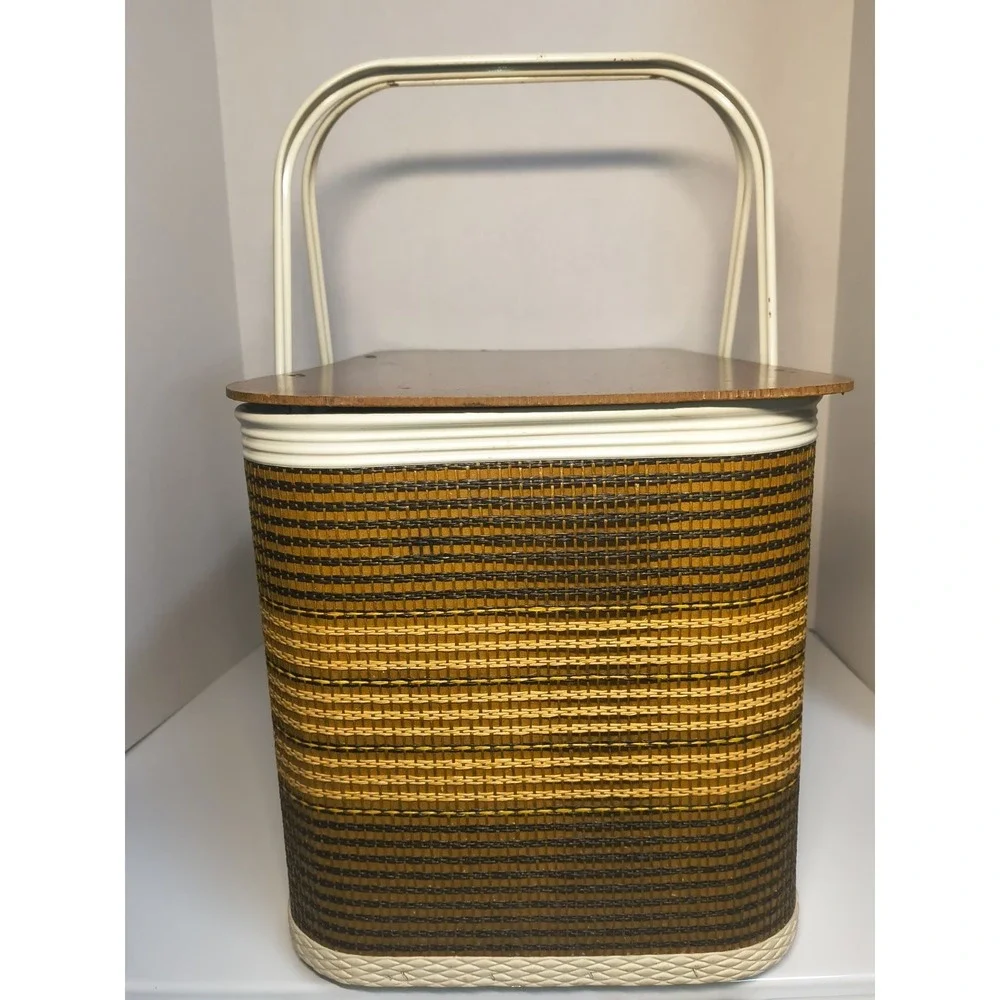 Vintage Redmon Picnic Basket Brown Stripe Dual Metal Handles Hinged Lid